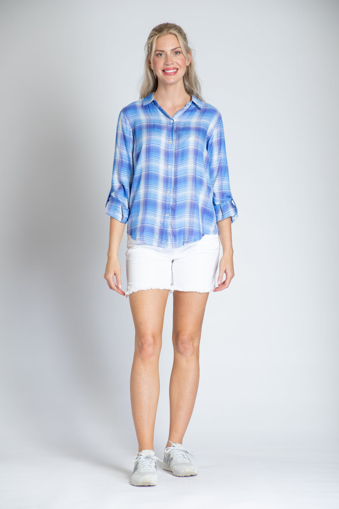 VERY PERI PLAID TAB SLEEVE SHIRT