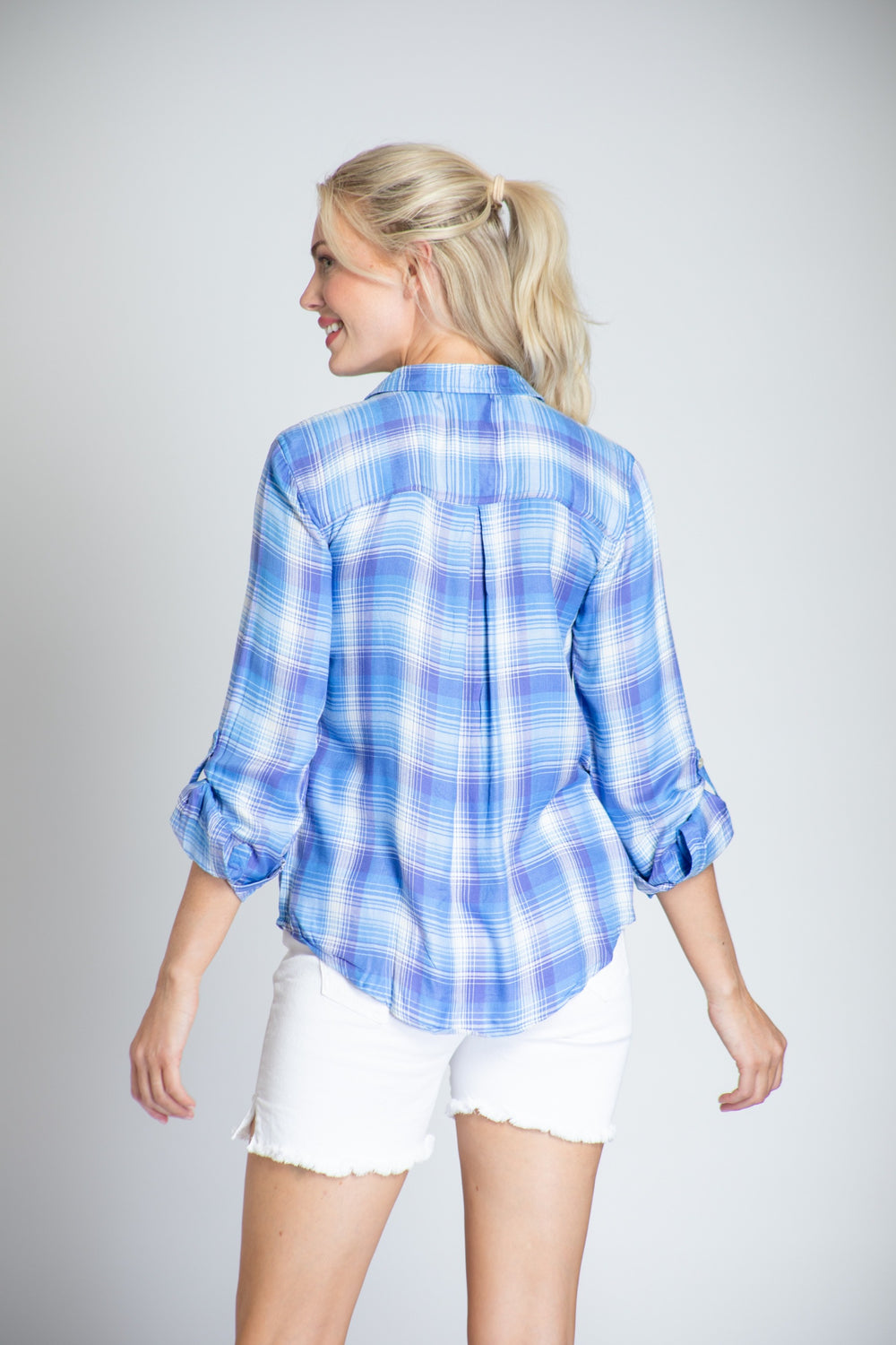 VERY PERI PLAID TAB SLEEVE SHIRT

