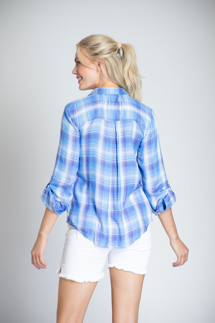 VERY PERI PLAID TAB SLEEVE SHIRT