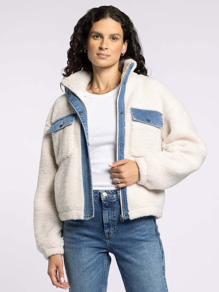LEONA DENIM TRIM SHERPA FLEECE JACKET