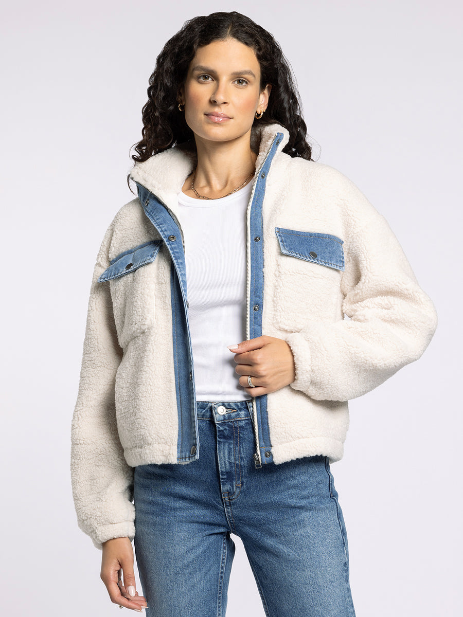 LEONA DENIM TRIM SHERPA FLEECE JACKET
