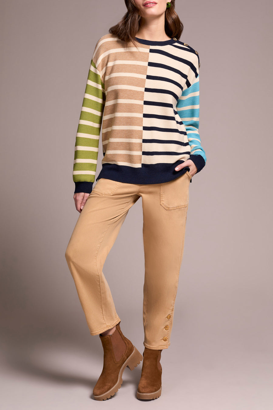 ICE LATTE MULTI STRIPE CREW SWEATER
