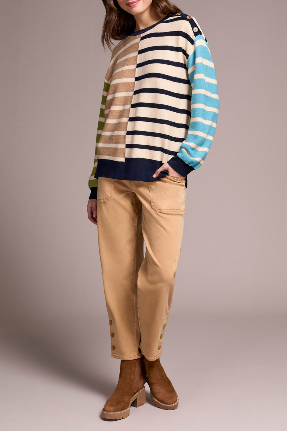 ICE LATTE MULTI STRIPE CREW SWEATER
