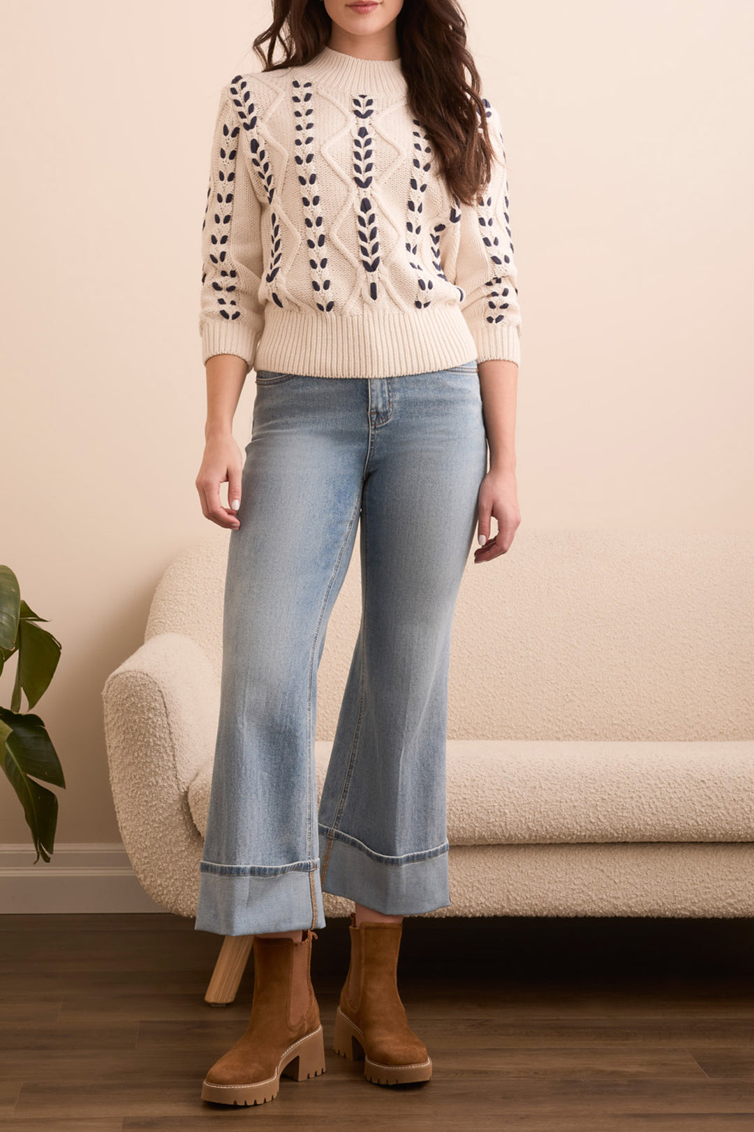 MOONSTONE WOVEN DETAIL CABLE MOCK NECK SWEATER