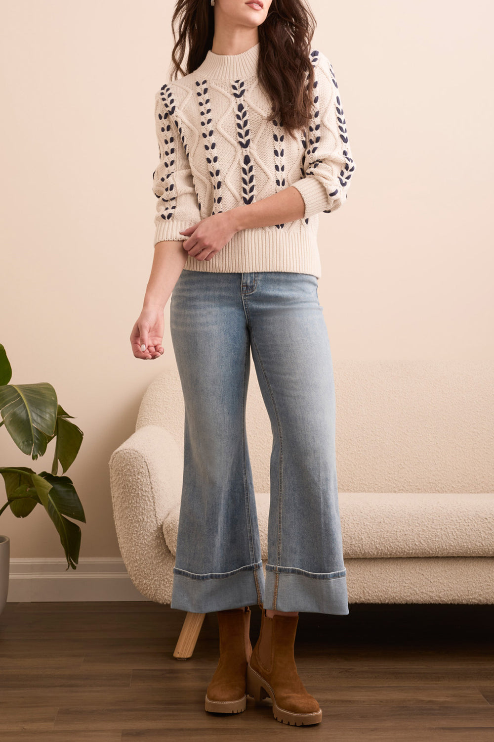 MOONSTONE WOVEN DETAIL CABLE MOCK NECK SWEATER
