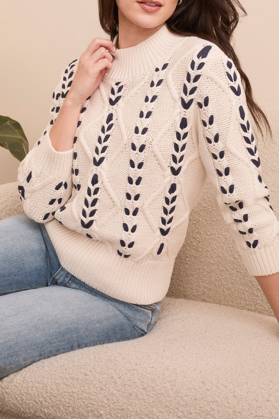 MOONSTONE WOVEN DETAIL CABLE MOCK NECK SWEATER
