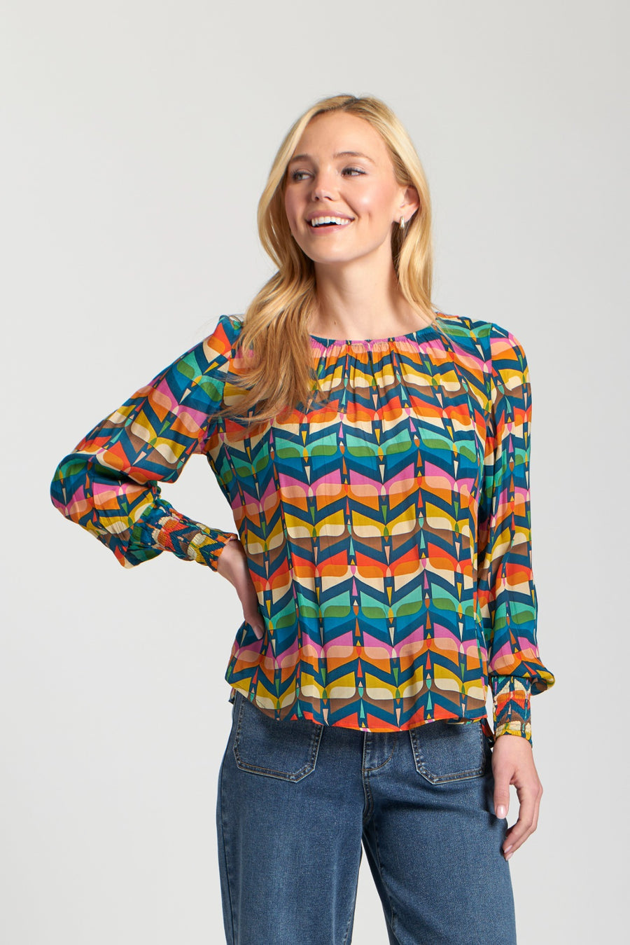 SHERRY NAVY MULTI SMOCKED SLEEVES BLOUSE
