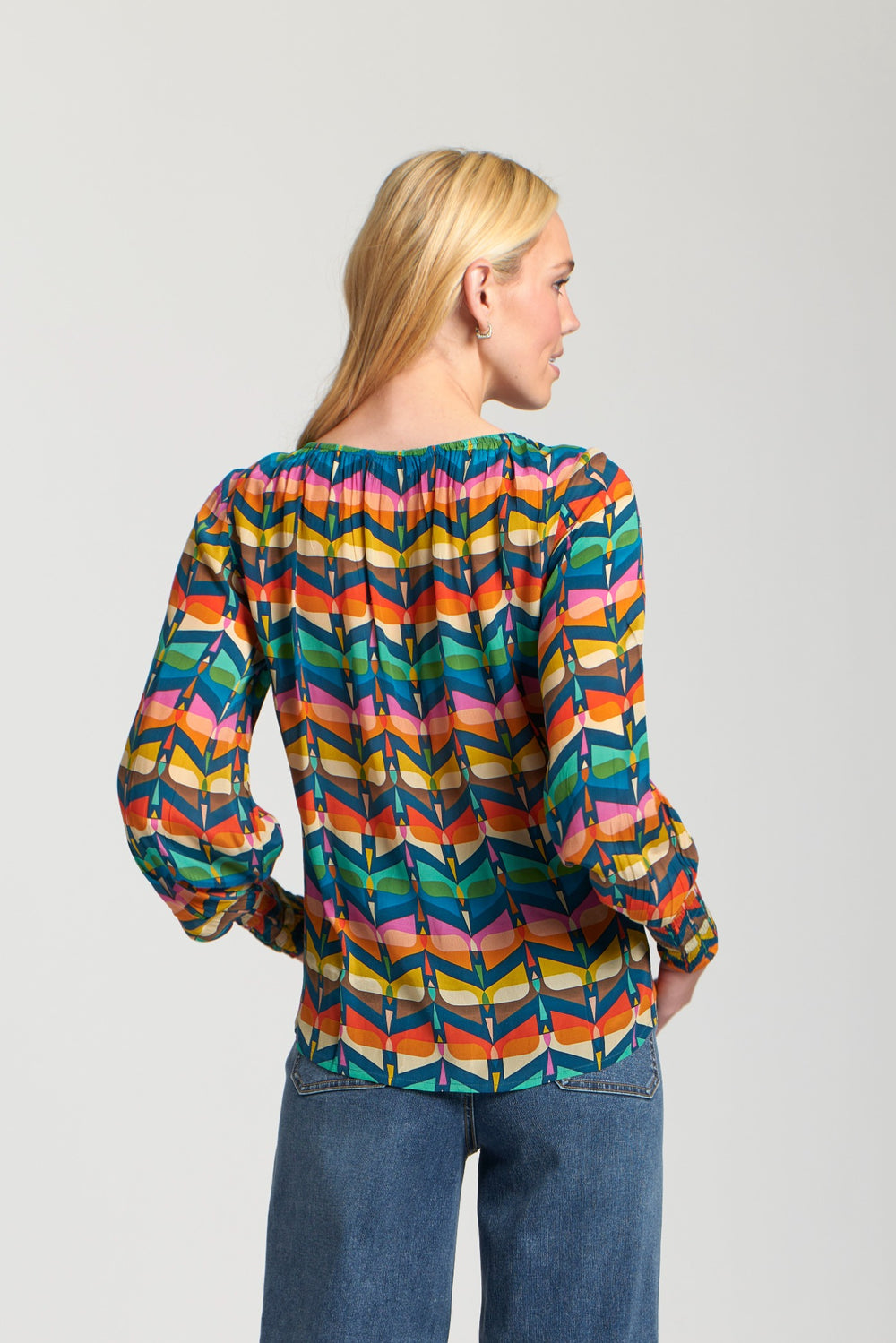 SHERRY NAVY MULTI SMOCKED SLEEVES BLOUSE
