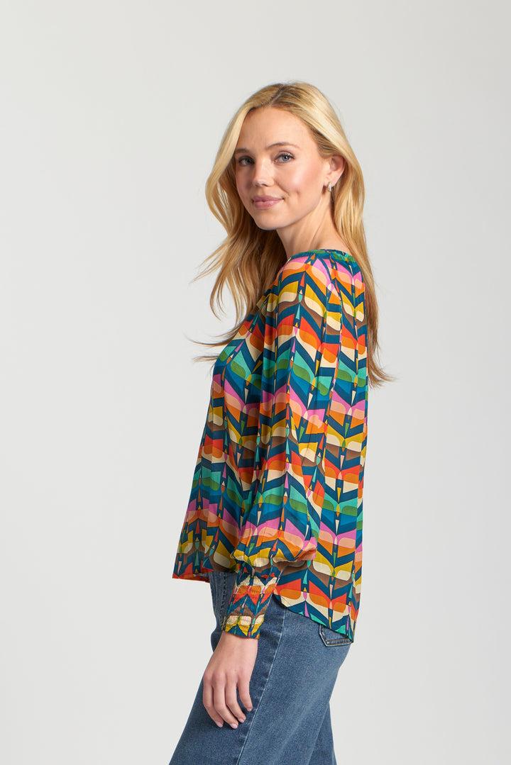 SHERRY NAVY MULTI SMOCKED SLEEVES BLOUSE