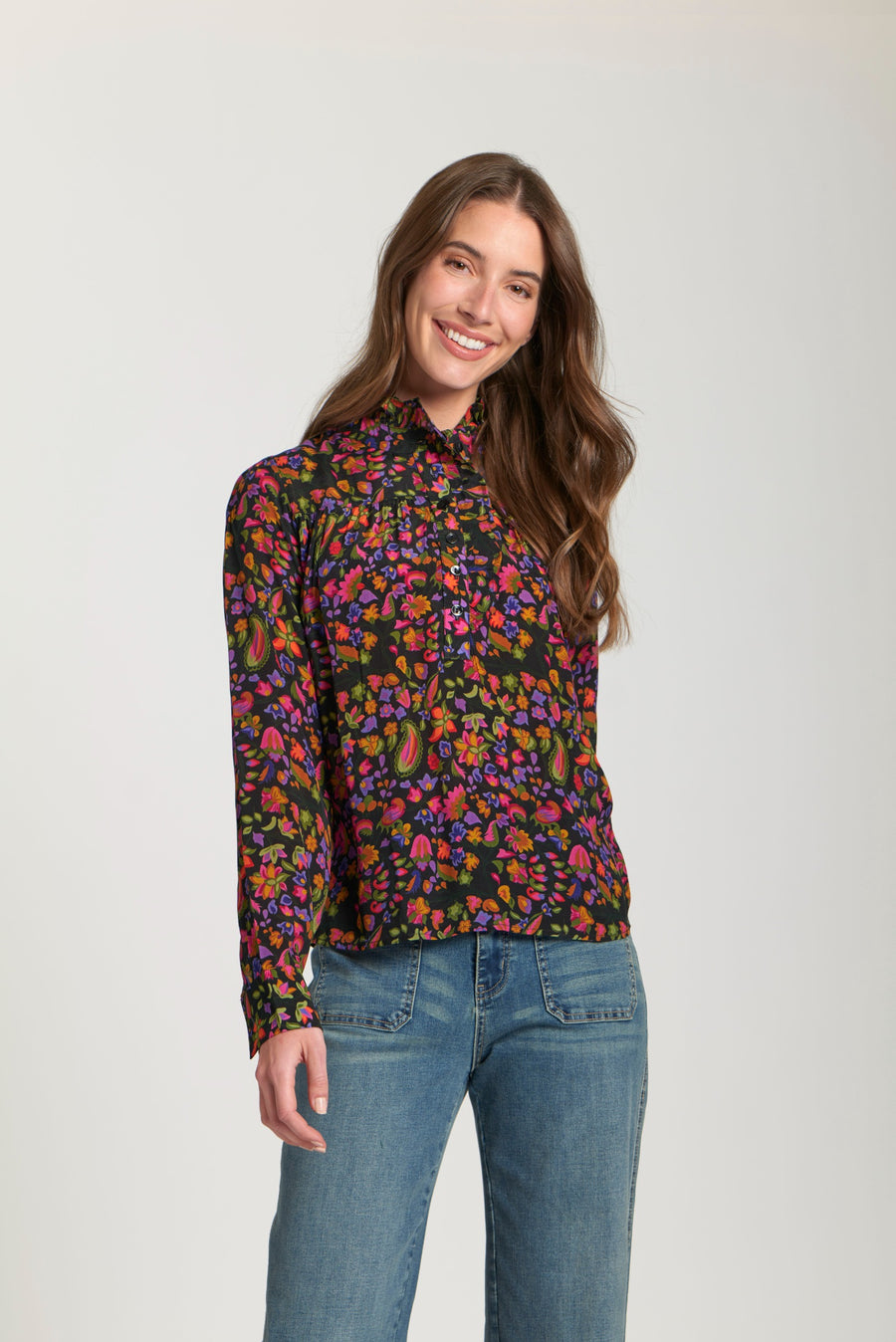 ALEXIS BLACK MULTI HALF RUFFLE PLACKET BLOUSE
