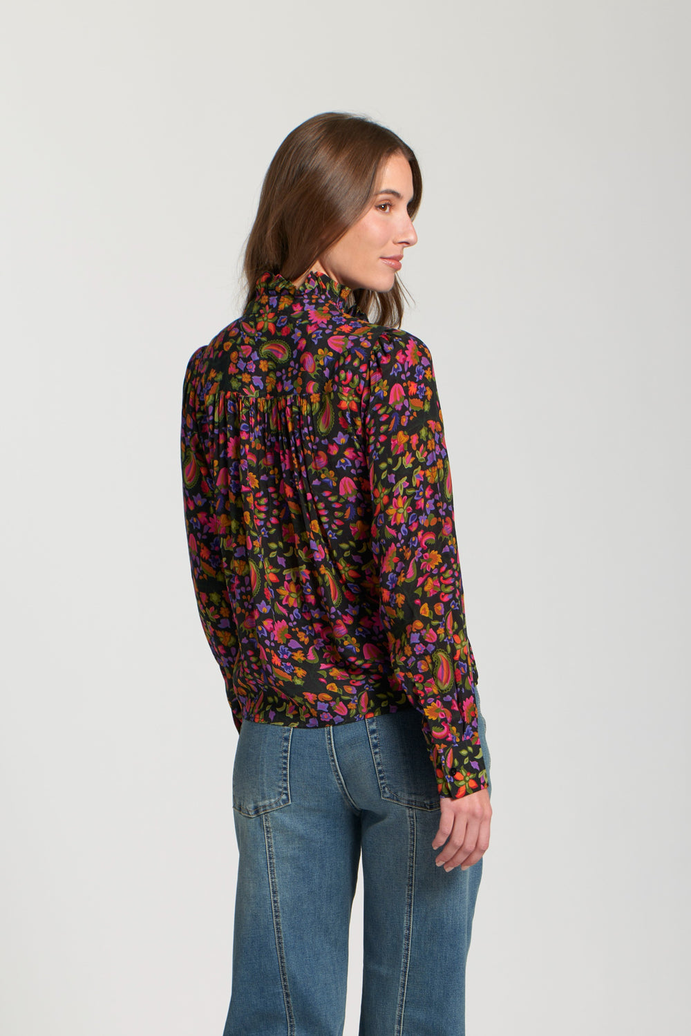 ALEXIS BLACK MULTI HALF RUFFLE PLACKET BLOUSE
