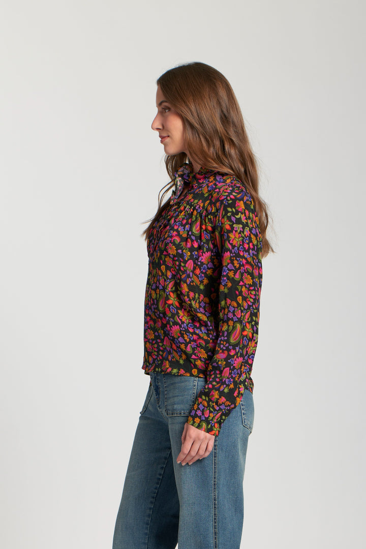 ALEXIS BLACK MULTI HALF RUFFLE PLACKET BLOUSE