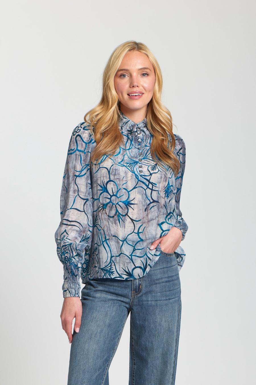 ERIKA DENIM FLORAL PUFF SLEEVE BLOUSE
