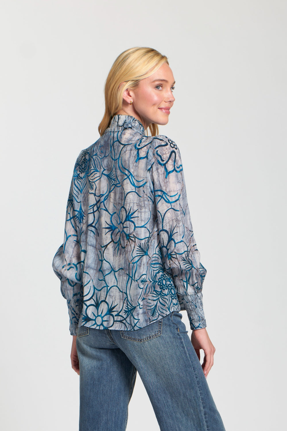 ERIKA DENIM FLORAL PUFF SLEEVE BLOUSE
