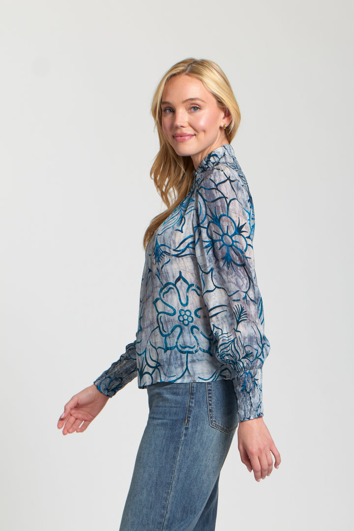 ERIKA DENIM FLORAL PUFF SLEEVE BLOUSE