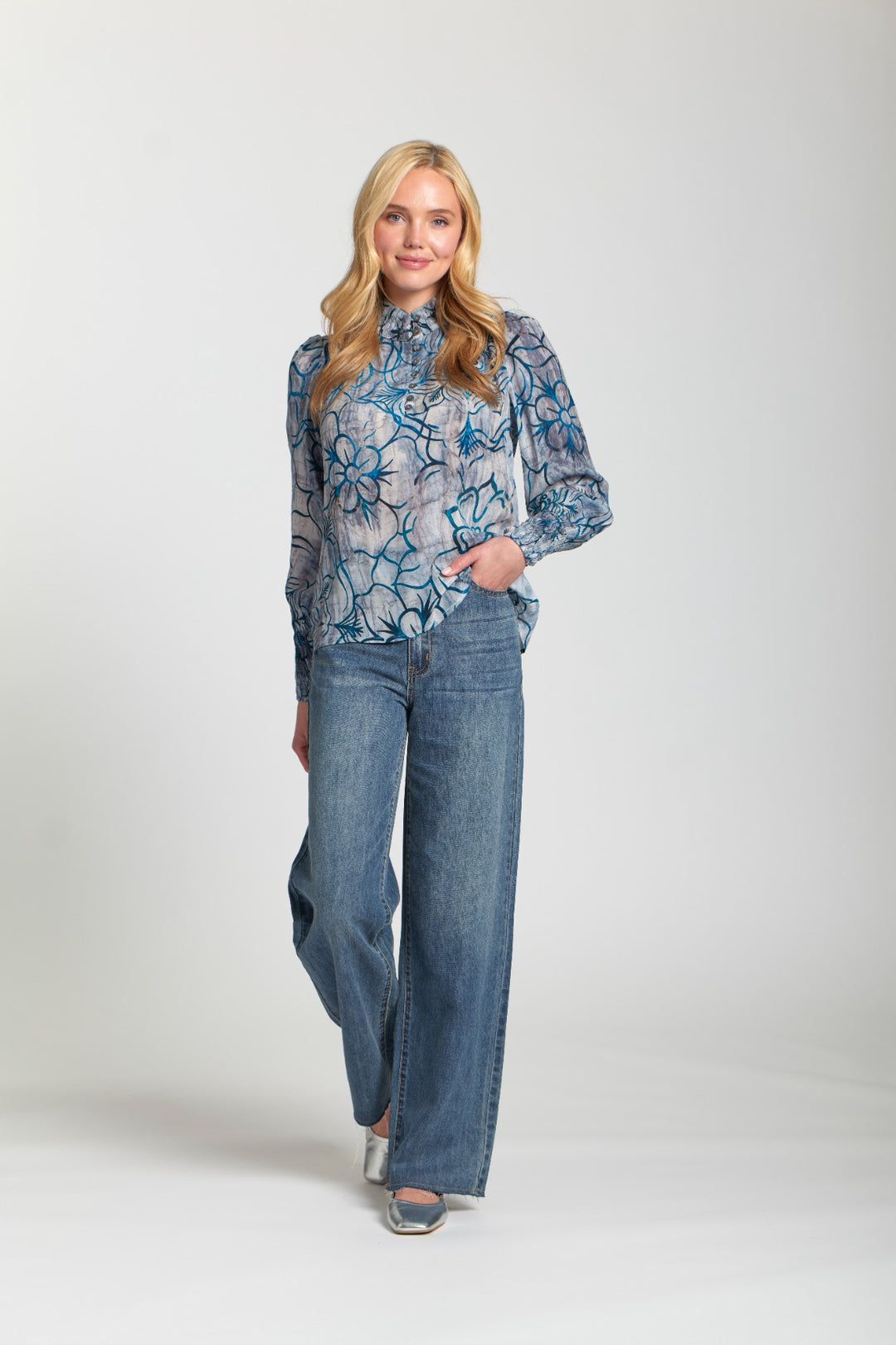 ERIKA DENIM FLORAL PUFF SLEEVE BLOUSE