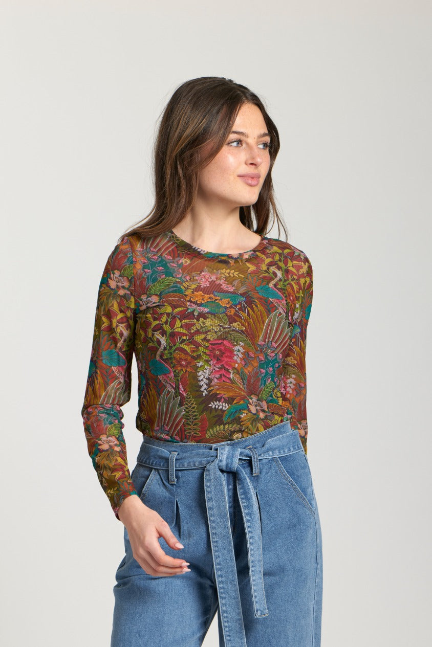 OLIVE FOREST FOLIAGE LONG SLEEVE KNIT TOP
