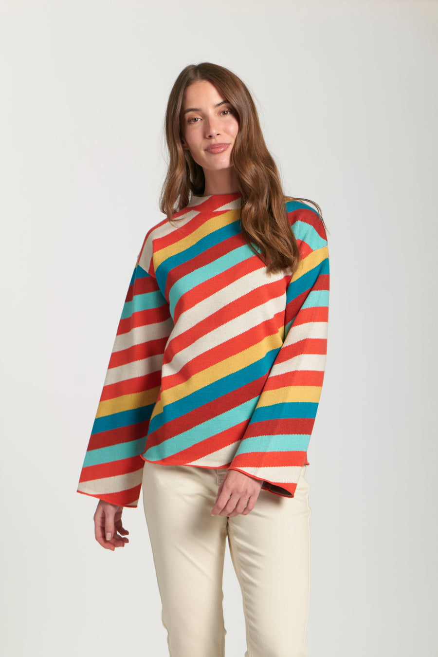 REGAN DIAGONAL STRIPE FUNNEL NECK SWEATR
