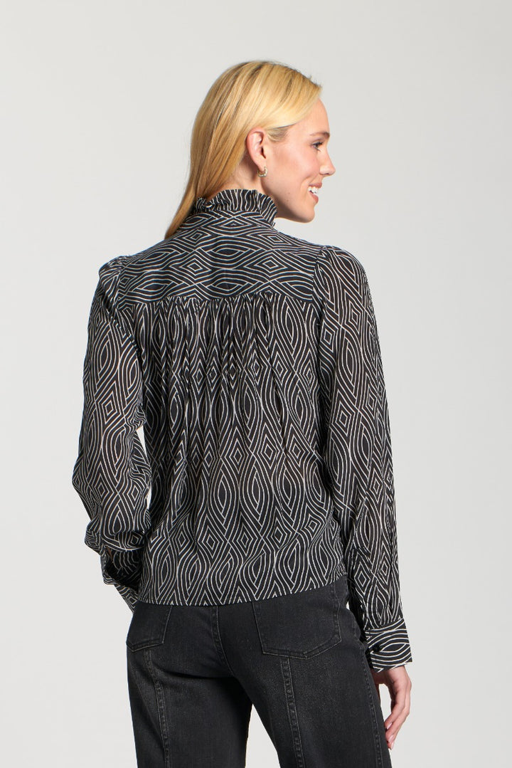 ALEXIS BLACK WOVEN PRINT RUFFLE PLACKET BLOUSE