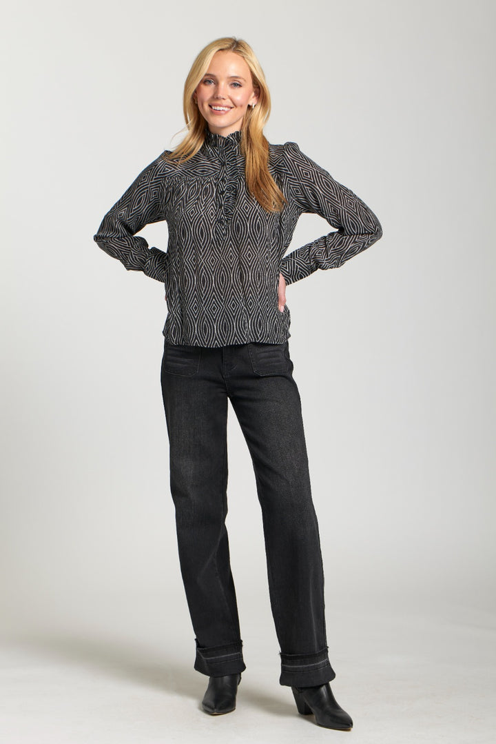 ALEXIS BLACK WOVEN PRINT RUFFLE PLACKET BLOUSE
