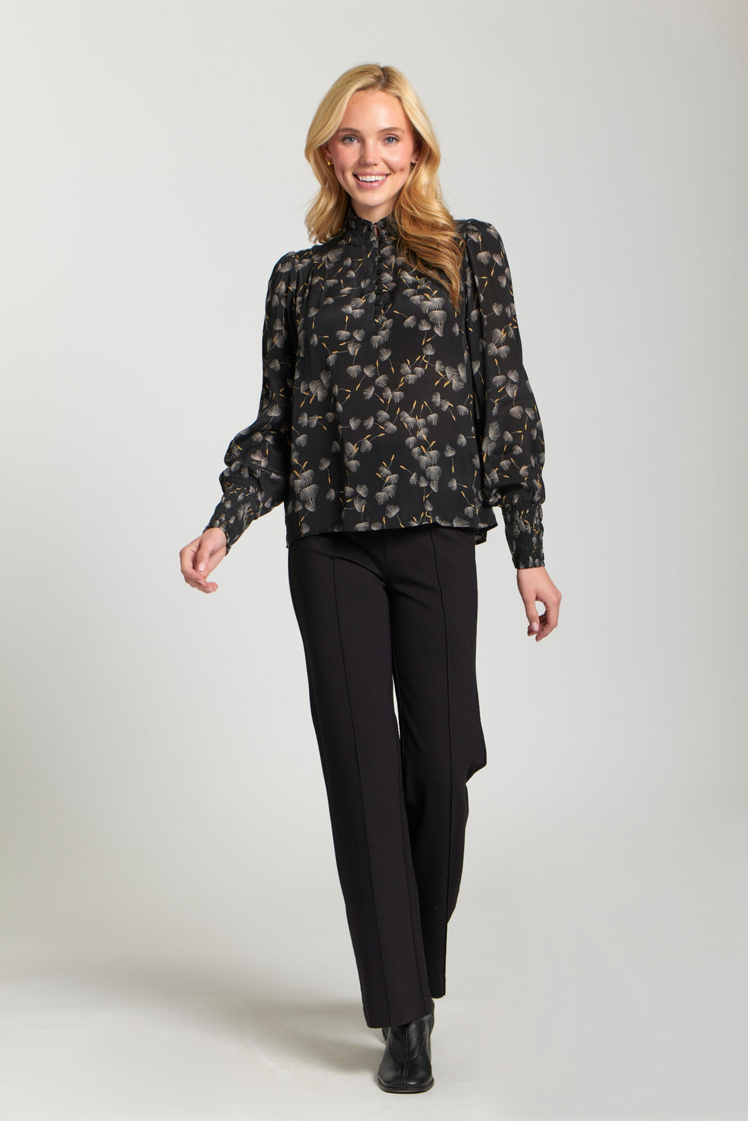 ERIKA BLACK WHISPY PRINT PUFF SLEEVE BLOUSE