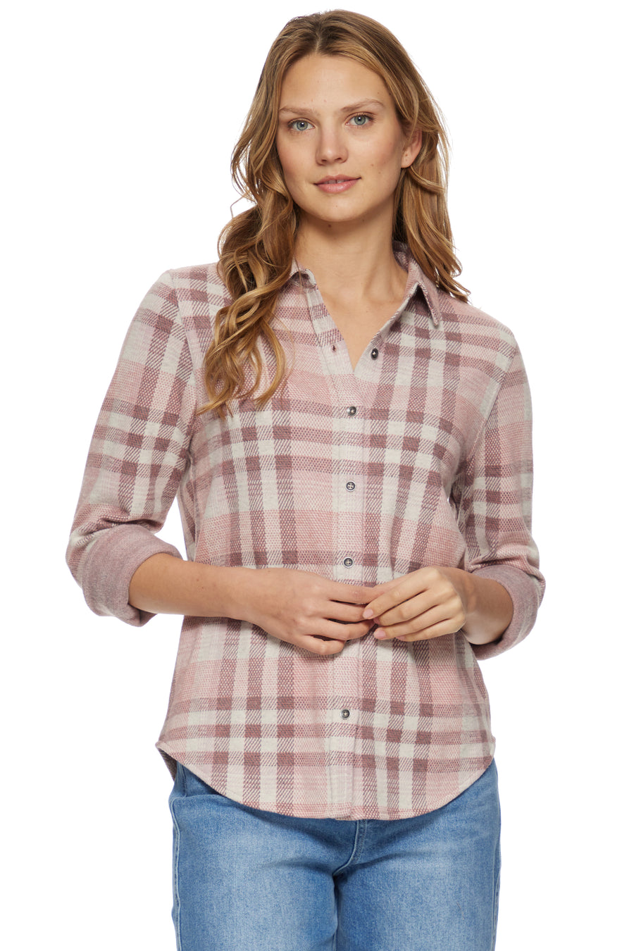 MAUVE PLAID MINOT KNIT FLANNEL SHIRT
