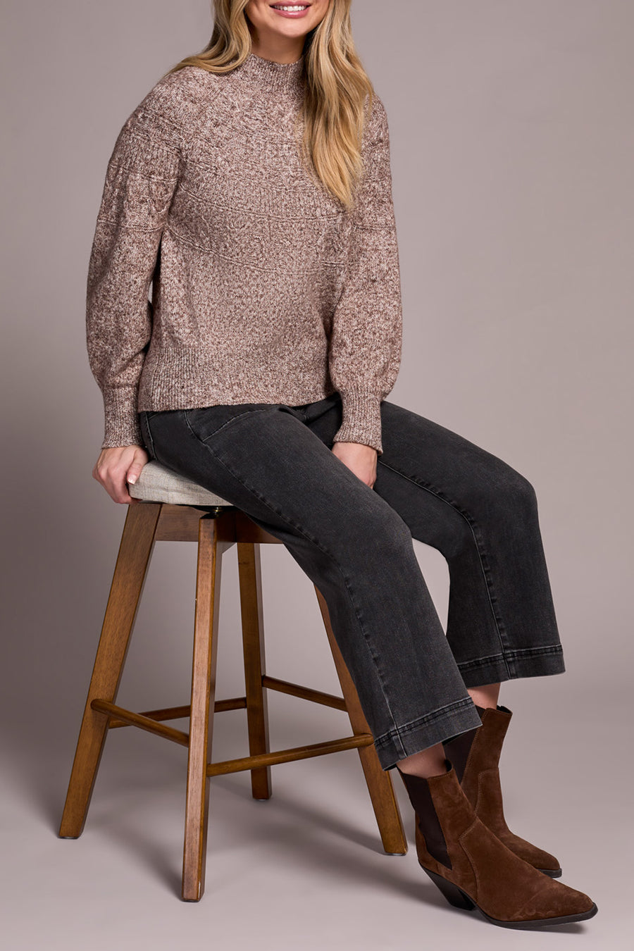 WOOD HEATHER MIX COZY MOCK NECK SWEATER
