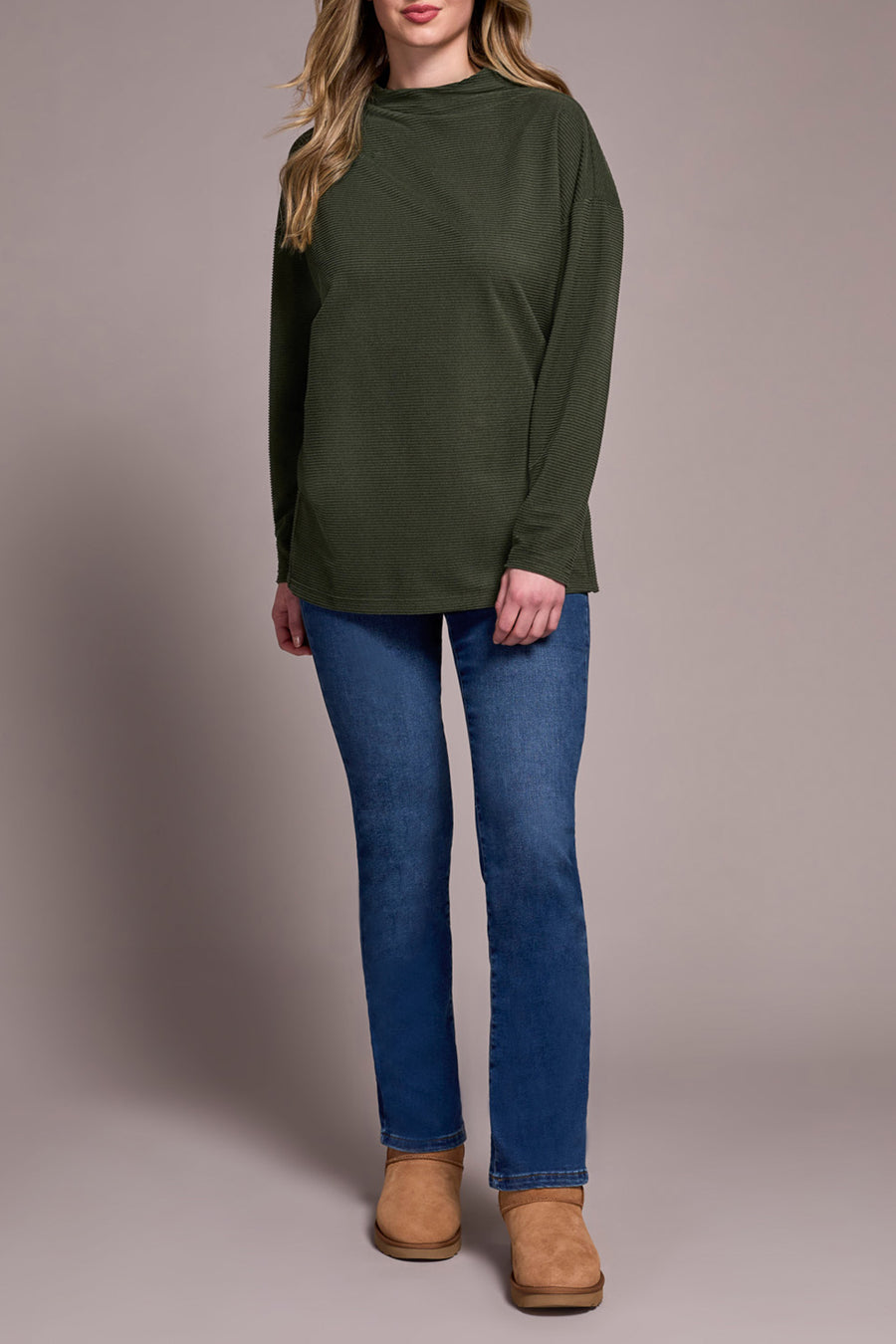 HEATHER SPRUCE RIBBED KNIT FUNNEL NECK TOP
