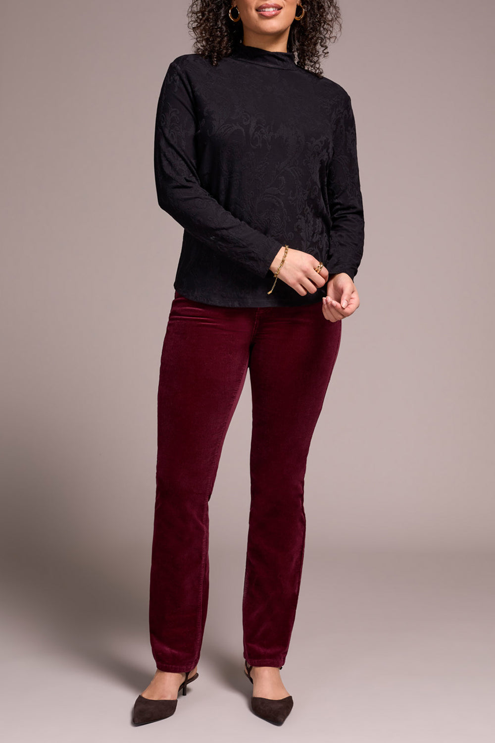 BLACK TONAL BAROUQUE PRINT MOCK NECK TOP
