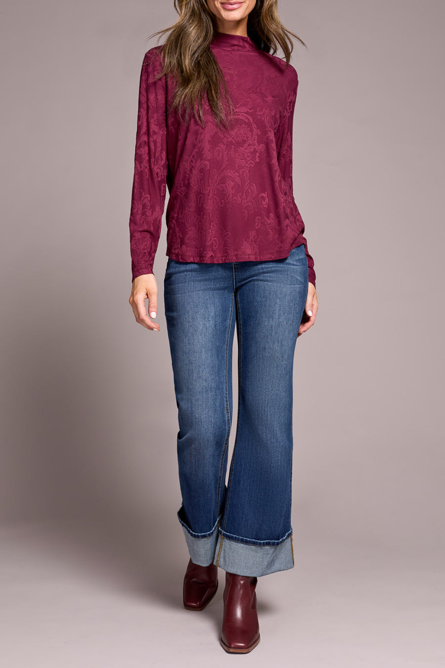 WINE TONAL BAROUQUE PRINT MOCK NECK TOP
