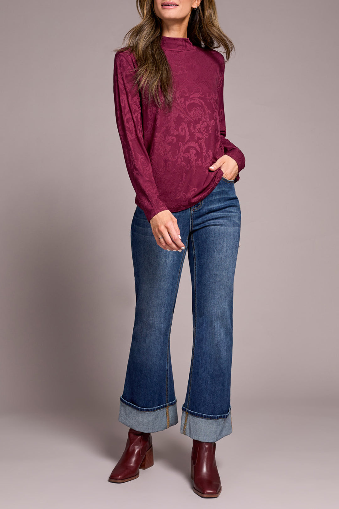 WINE TONAL BAROUQUE PRINT MOCK NECK TOP