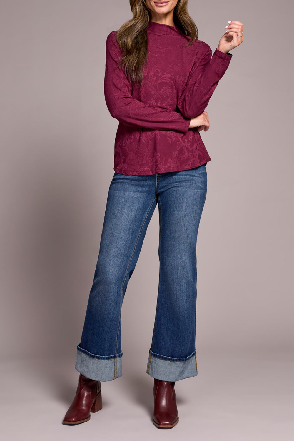 WINE TONAL BAROUQUE PRINT MOCK NECK TOP
