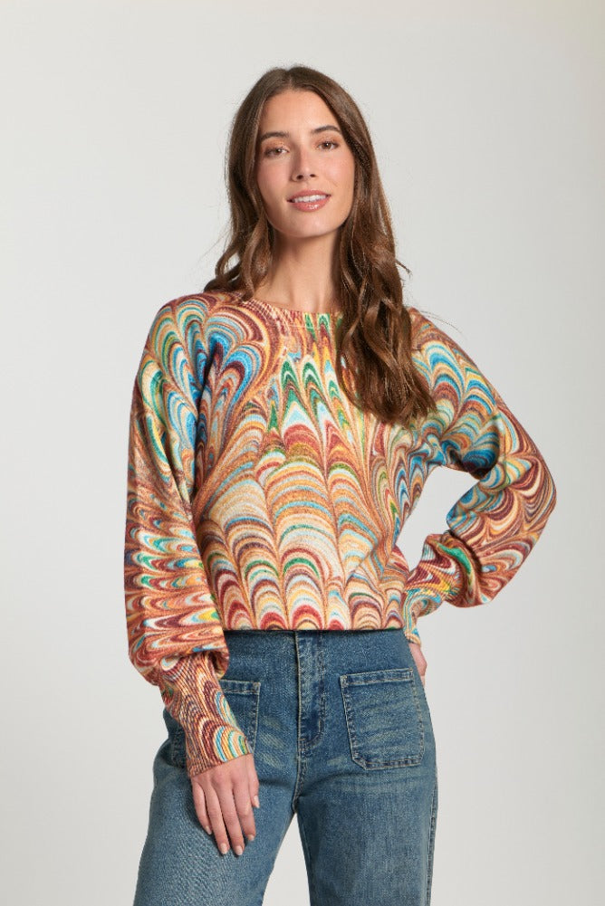 Abstract Marble Printed Puff Sleeve Knit Pullover
