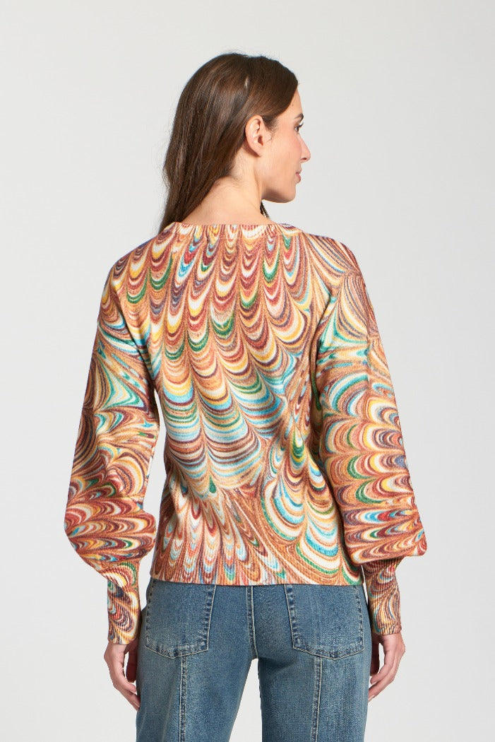 Abstract Marble Printed Puff Sleeve Knit Pullover
