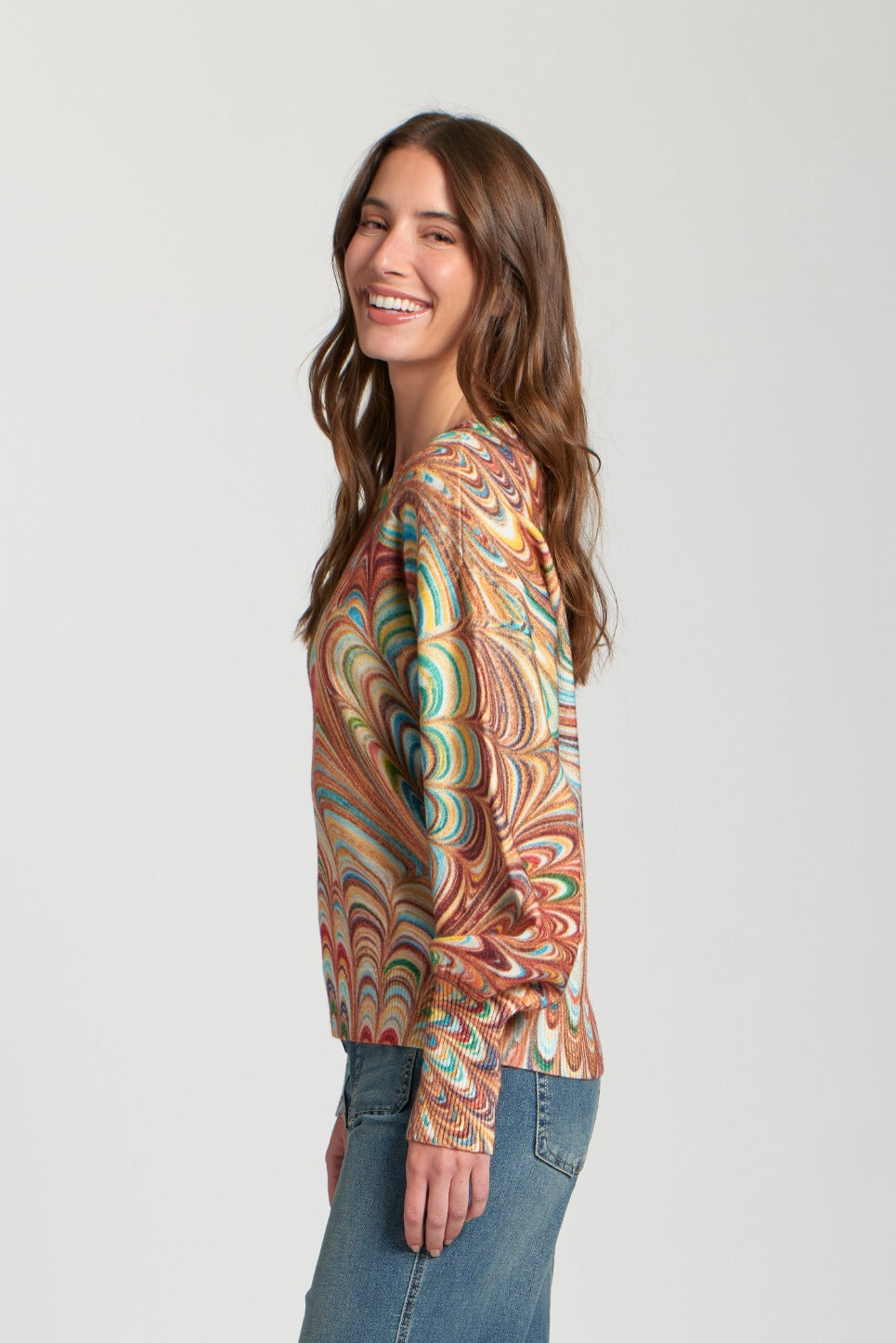 Abstract Marble Printed Puff Sleeve Knit Pullover