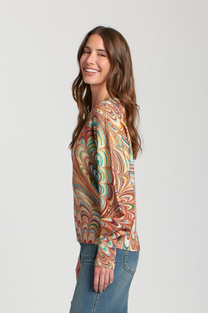 Abstract Marble Printed Puff Sleeve Knit Pullover