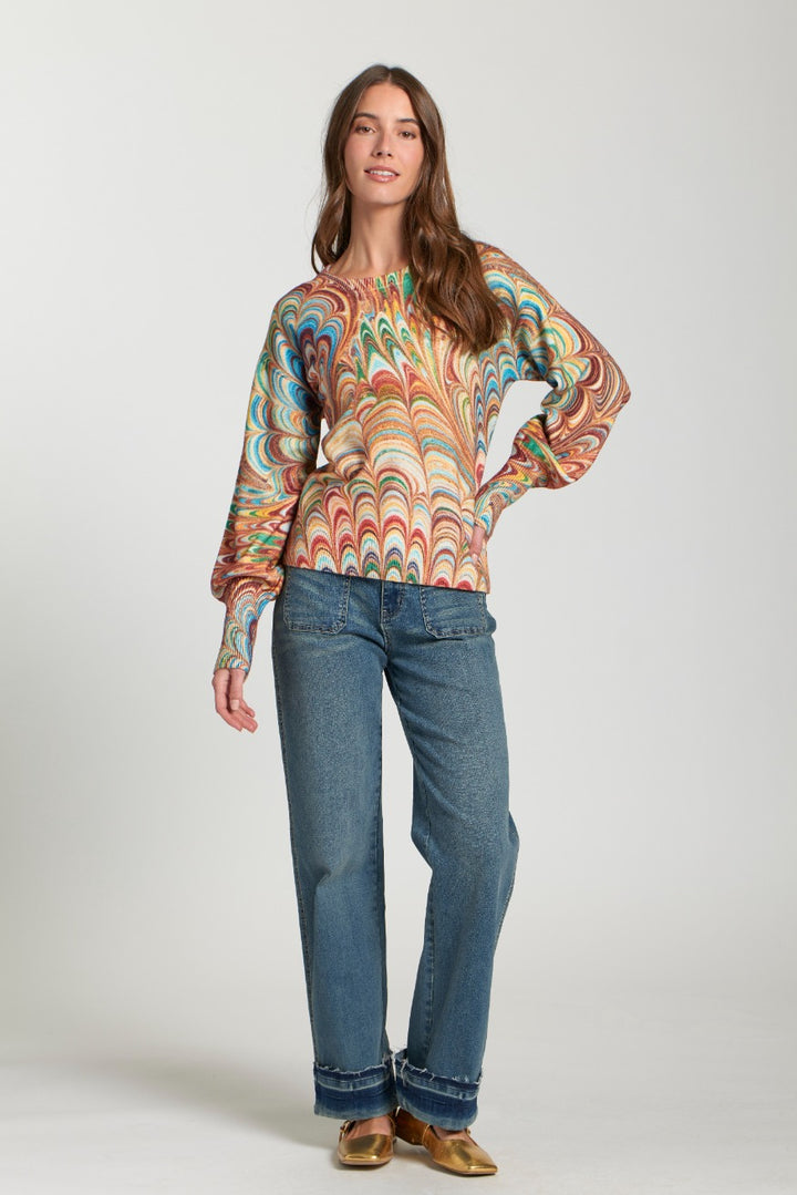 Abstract Marble Printed Puff Sleeve Knit Pullover
