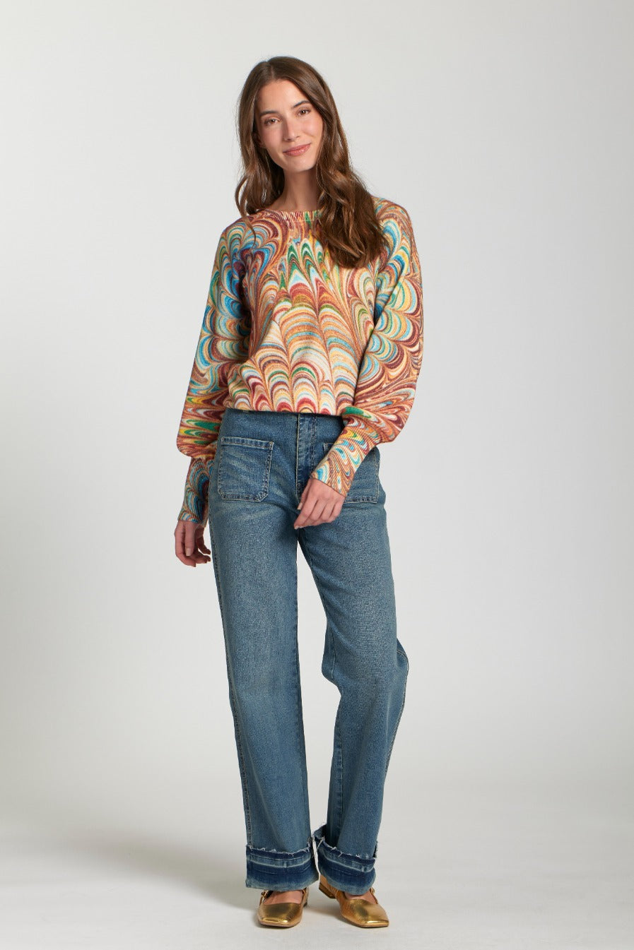 Abstract Marble Printed Puff Sleeve Knit Pullover