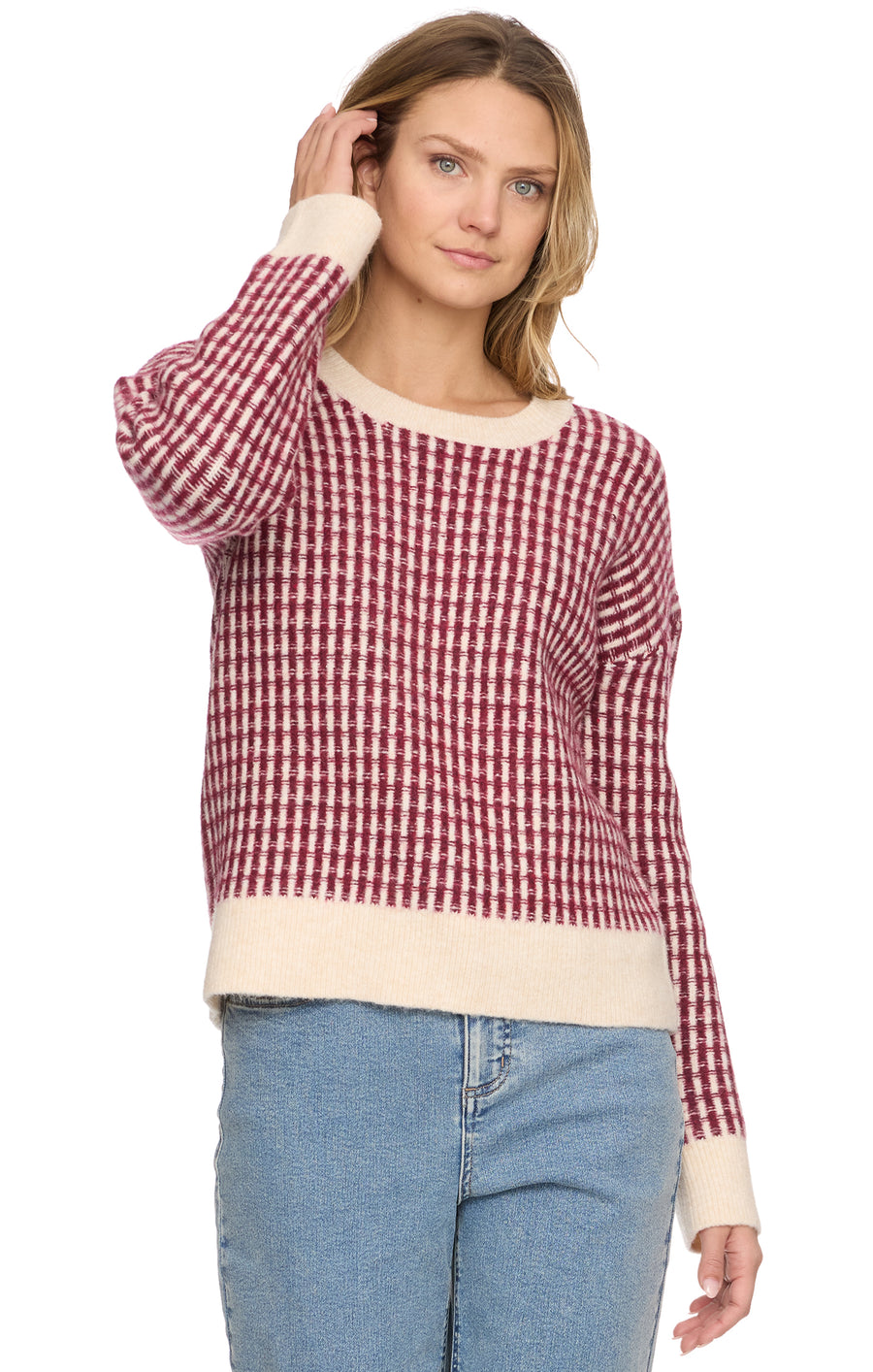MICHIE BERRY CHECK CREW SWEATER
