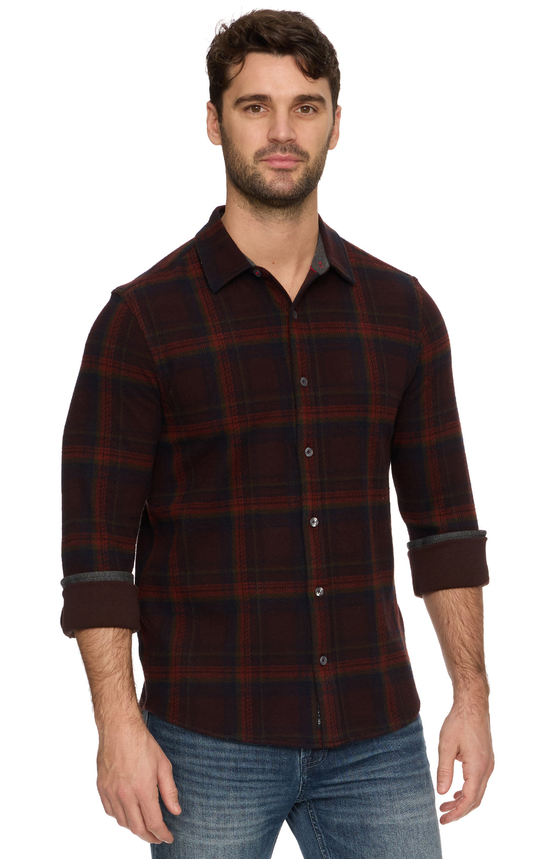 PORTER BROWN NAVY & RUST LONG SLEEVE HERO KNIT FLANNEL