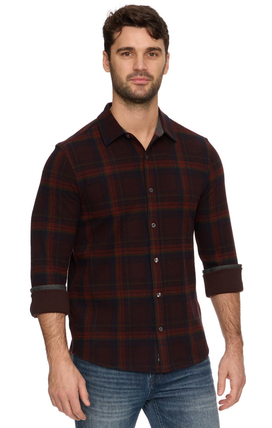 PORTER BROWN NAVY & RUST LONG SLEEVE HERO KNIT FLANNEL
