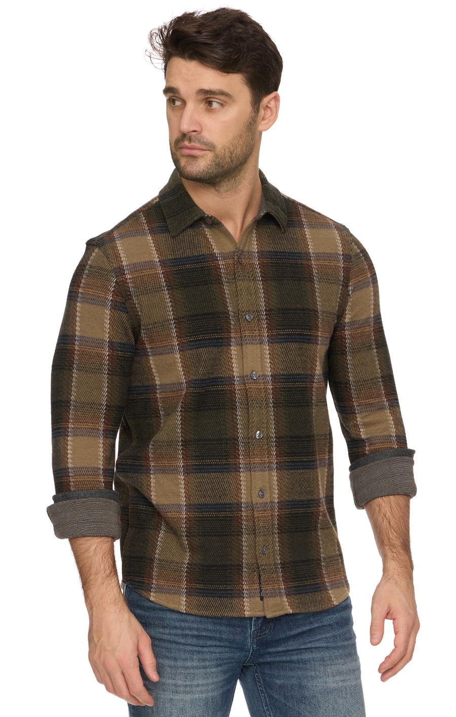 MEN'S OLIVE & BROWN CROWLEY LONG SLEEVE HERO KNIT FLANNEL
