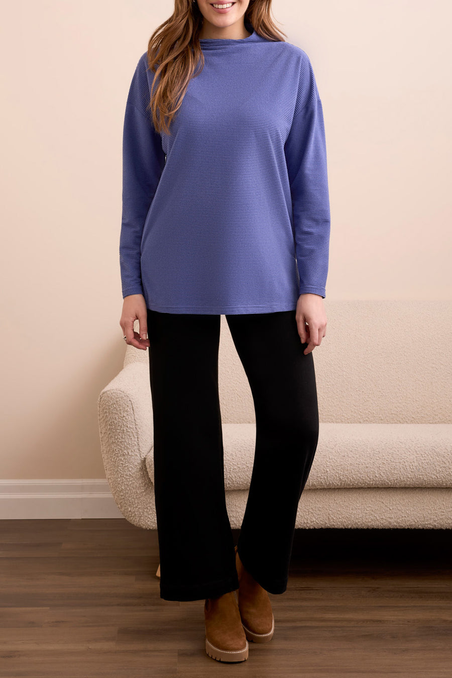 HEATHERED BLUE VIOLET FUNNEL NECK TUNIC TOP
