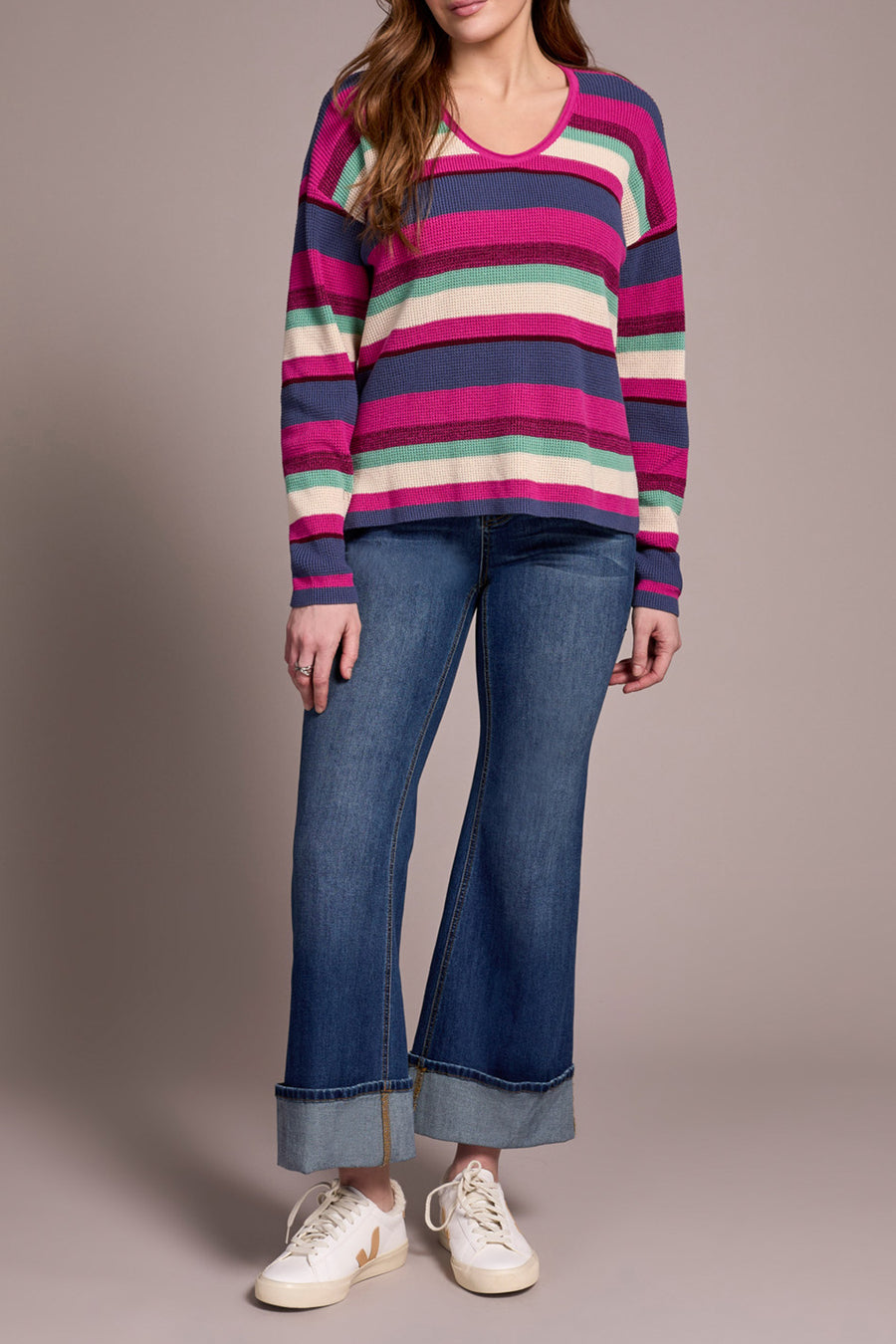 PINK STRIPE WAFFLE KNIT U NECK SWEATER TOP
