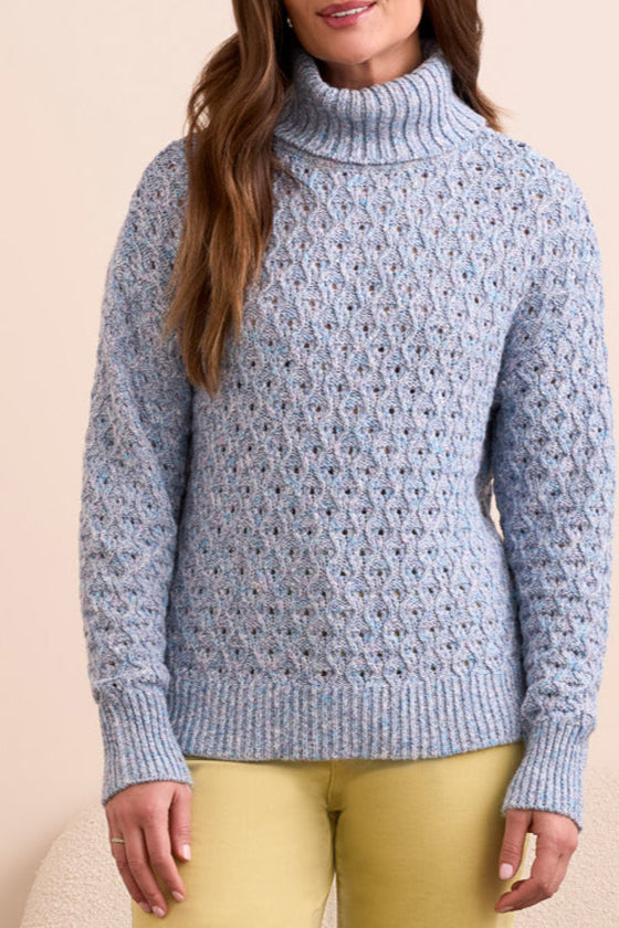 LIGHT BLUE VIOLET TEXTURED CABLE TURTLE NECK SWEATER
