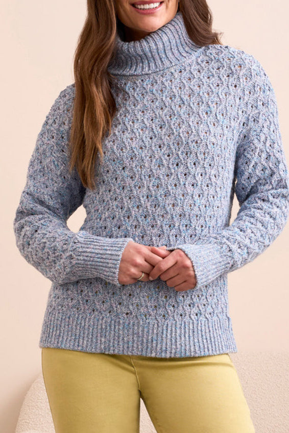 LIGHT BLUE VIOLET TEXTURED CABLE TURTLE NECK SWEATER
