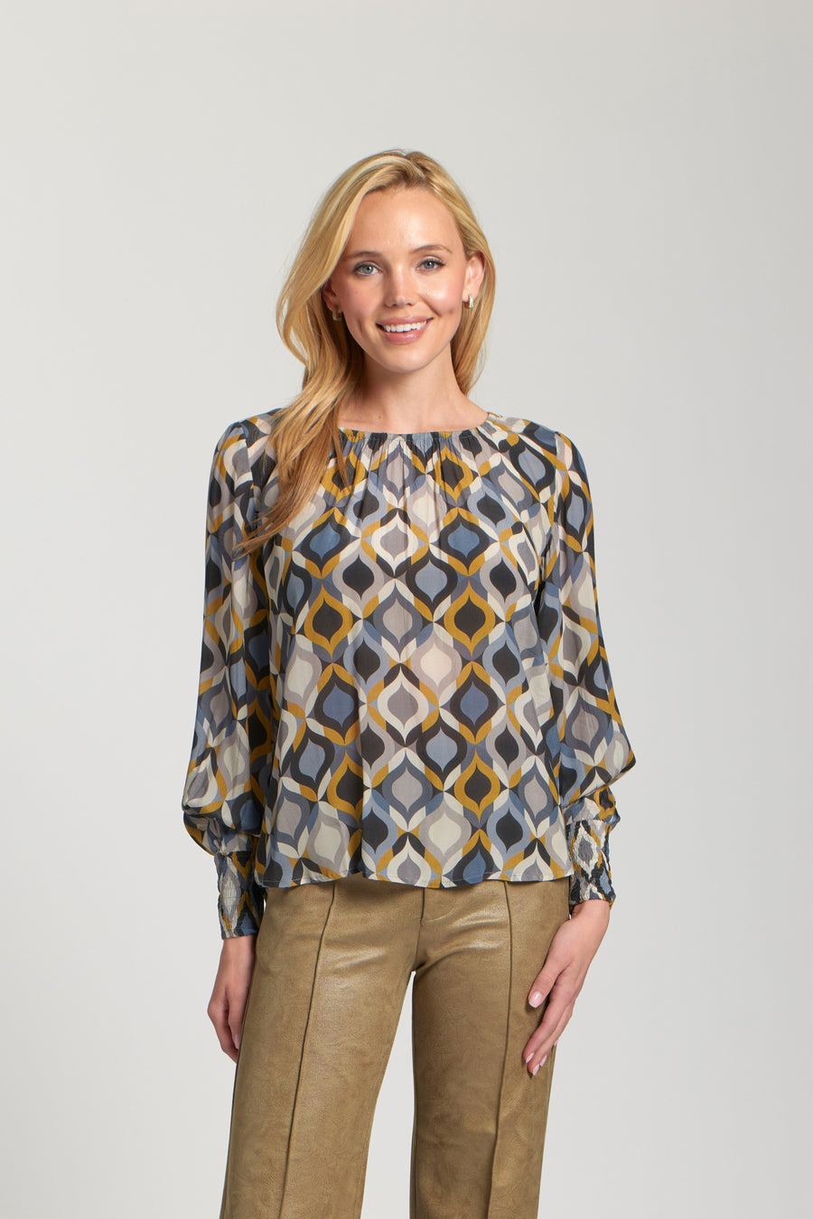 SHERRY STEEL BLUE & BLACK PRINT SMOCKED SLEEVES BLOUSE
