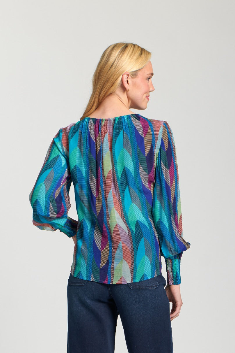 SHERRY TURQUOISE MULTI SMOCKED SLEEVE BLOUSE
