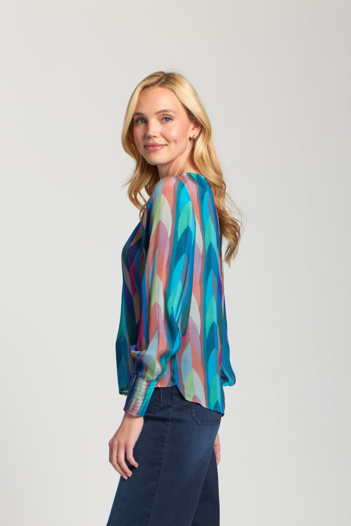 SHERRY TURQUOISE MULTI SMOCKED SLEEVE BLOUSE