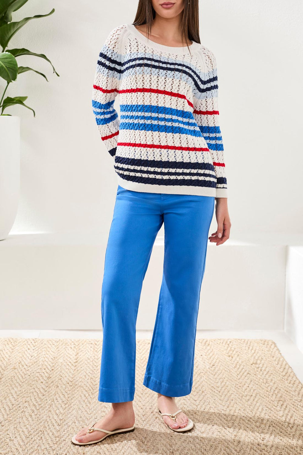 ROYAL 3/4 SLEEVE STRIPE CABLE SWEATER
